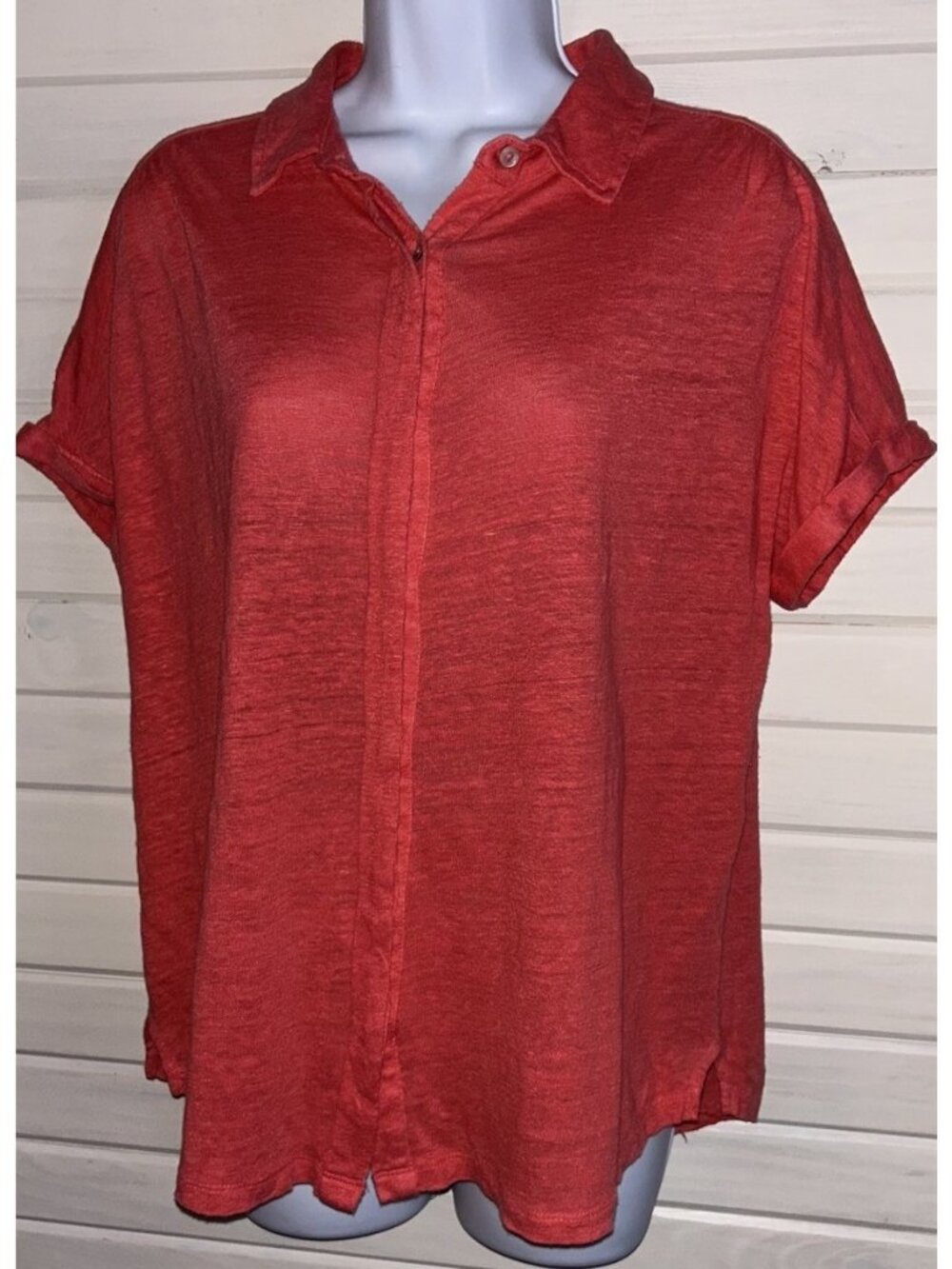 Chicos Sz 0 (SMALL) Coral Orange Linen Button Up Shirt Tunic Slub Knit S/S EUC
